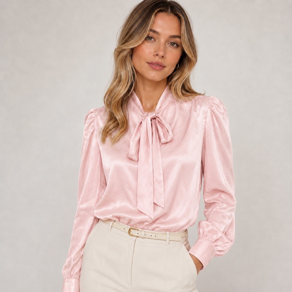 Walter Baker Pink Satin Bow Tie Puff Shoulder Blouse Romantic Coquette XS